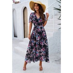 NWT Flowy Floral Short Sleeve Midi Maxi Dress - Large
